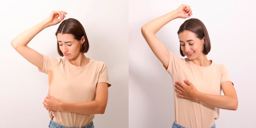 Personal care product. Woman on white background, before and after using of deodorant