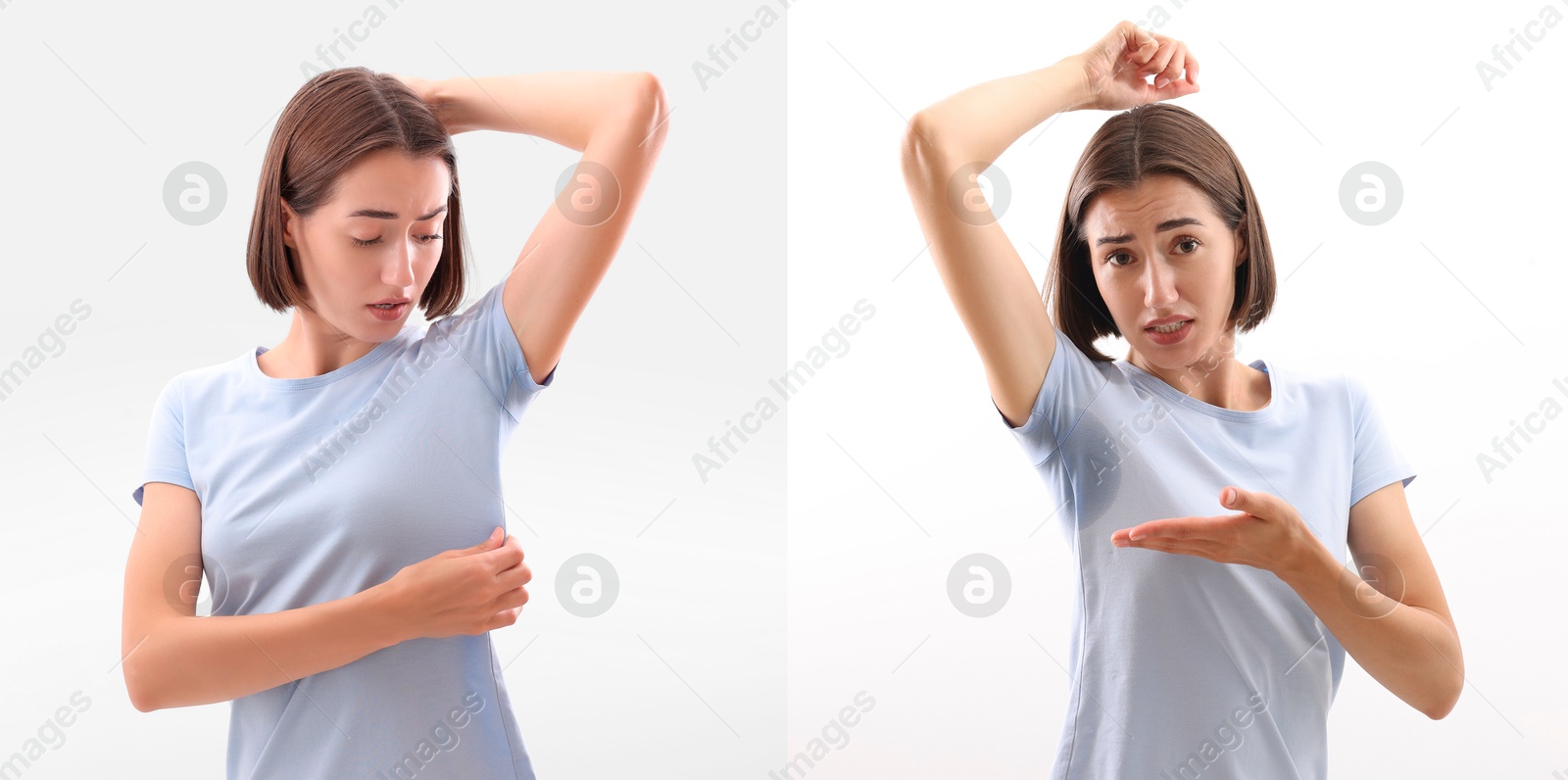 Image of Personal care product. Woman on white background, before and after using of deodorant