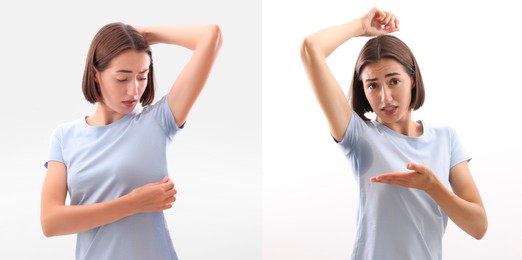 Personal care product. Woman on white background, before and after using of deodorant