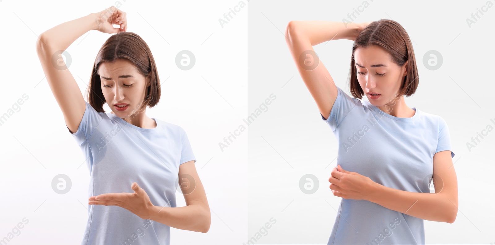 Image of Personal care product. Woman on white background, before and after using of deodorant