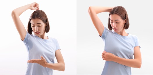 Personal care product. Woman on white background, before and after using of deodorant