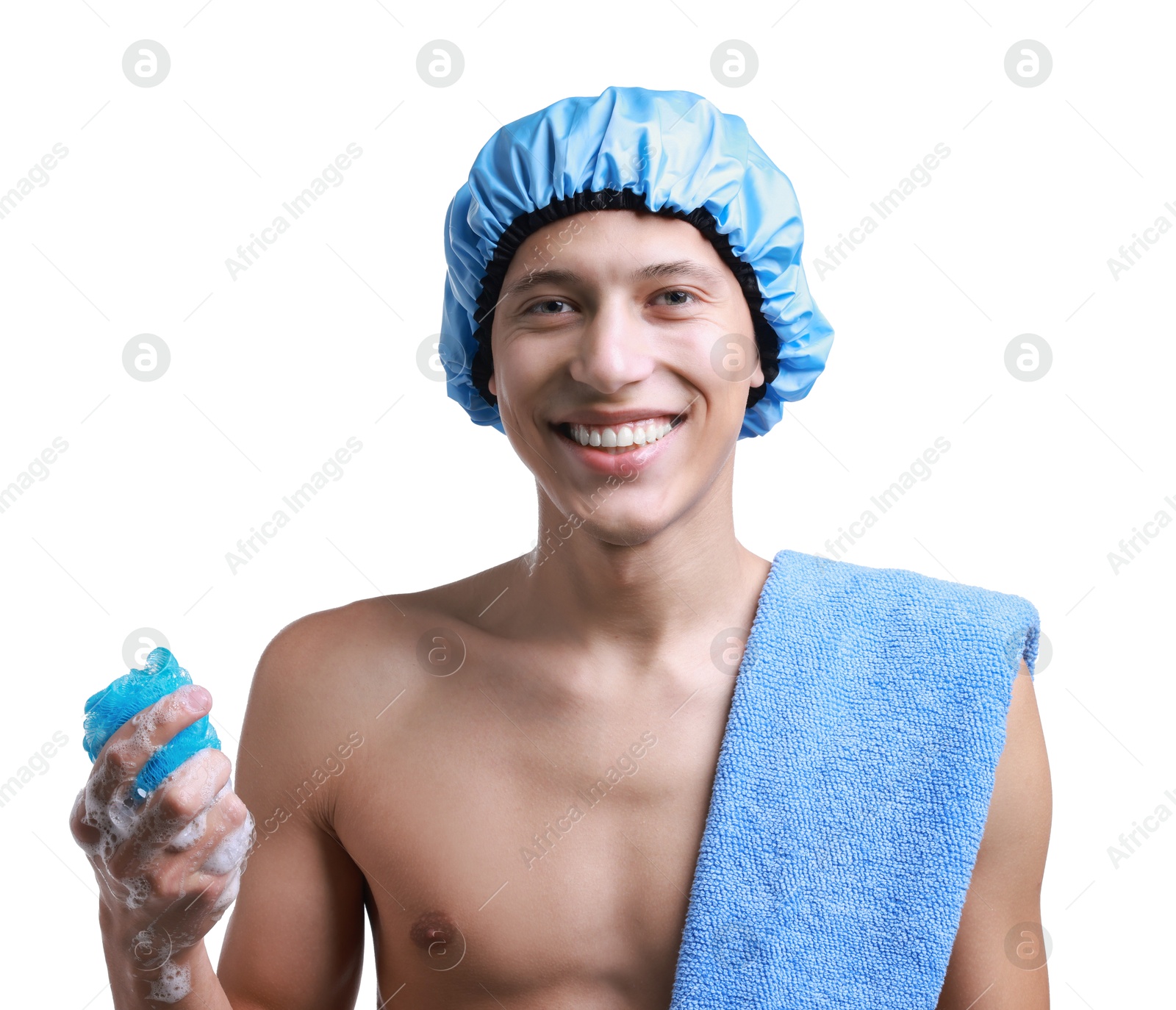 Photo of Happy man in shower cap with towel and mesh sponge on white background