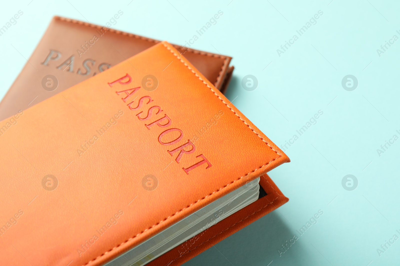 Photo of Passports in color covers on light blue background, closeup