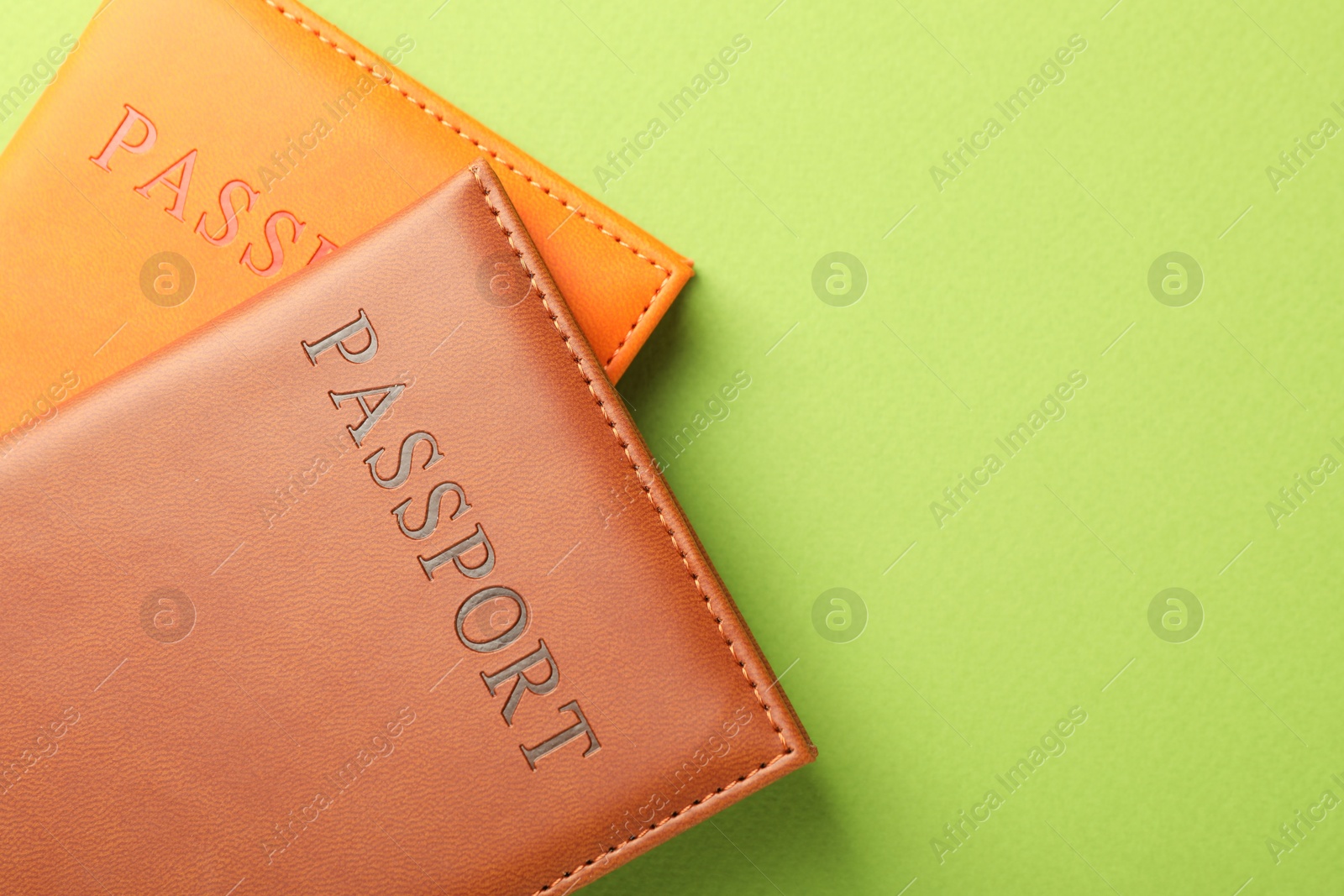 Photo of Passports in color covers on green background, top view. Space for text