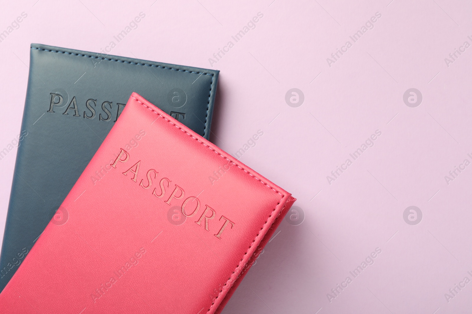 Photo of Passports in color covers on pink background, top view. Space for text