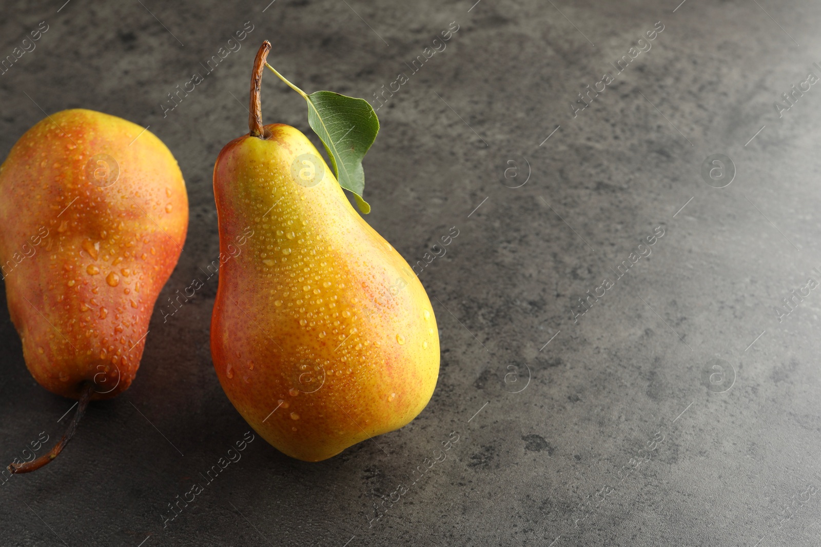 Photo of Two ripe juicy pears on grey table, closeup. Space for text