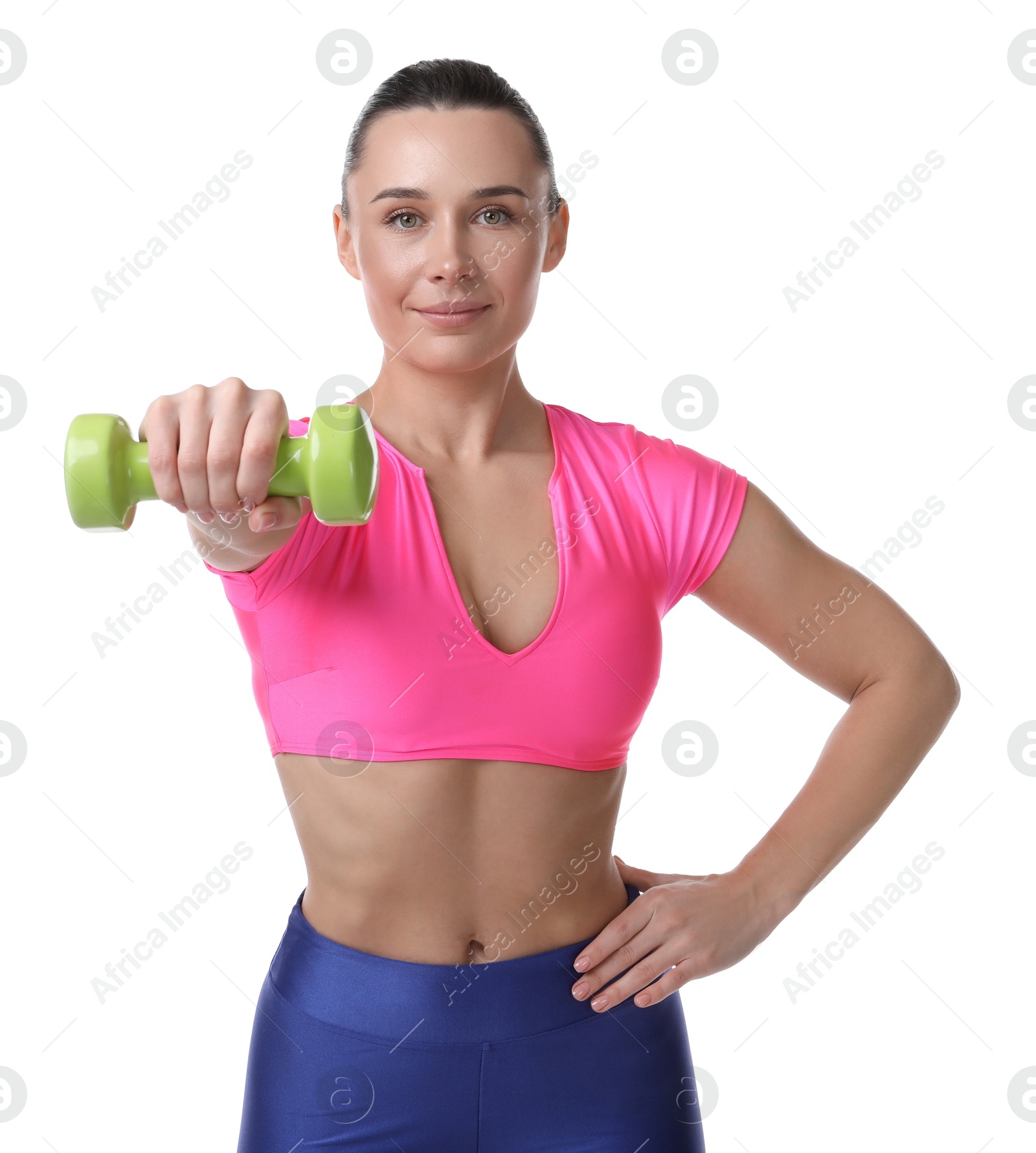 Photo of Woman exercising with dumbbell on white background