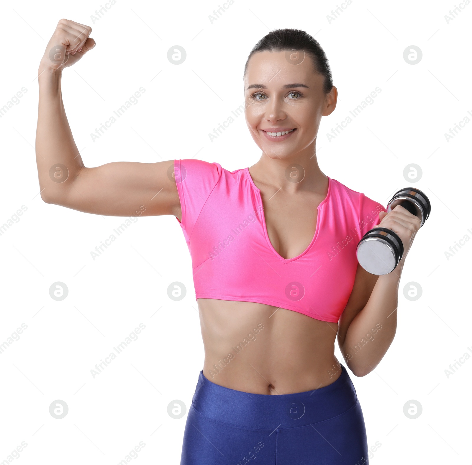 Photo of Woman exercising with dumbbell on white background