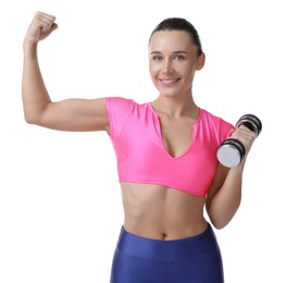 Photo of Woman exercising with dumbbell on white background