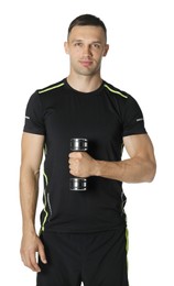 Man exercising with dumbbell on white background