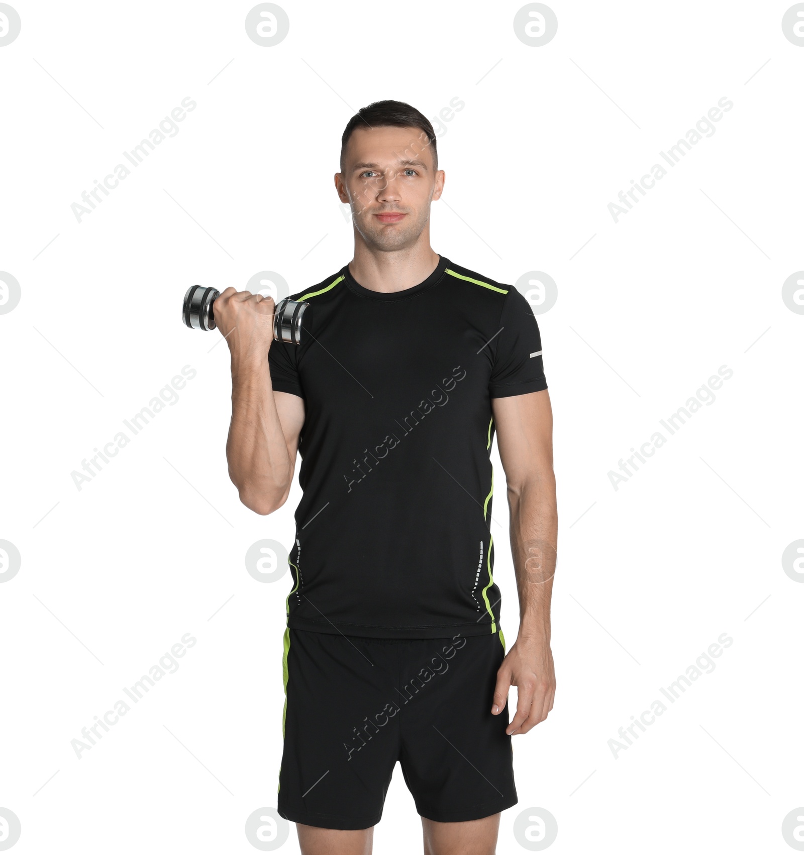 Photo of Man exercising with dumbbell on white background