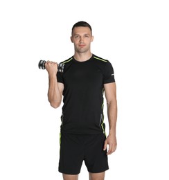 Photo of Man exercising with dumbbell on white background