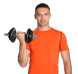 Photo of Man exercising with barbell on white background