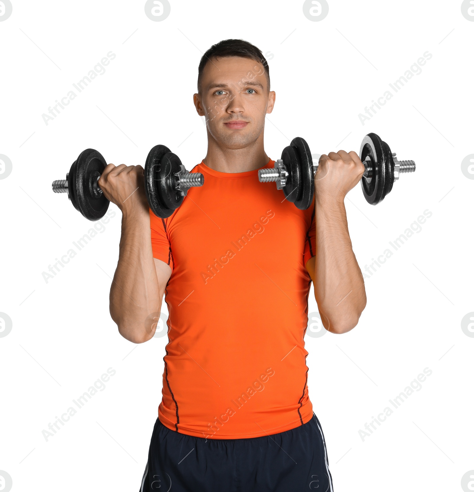 Photo of Man exercising with barbells on white background