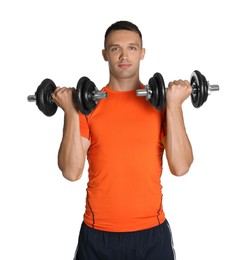 Photo of Man exercising with barbells on white background