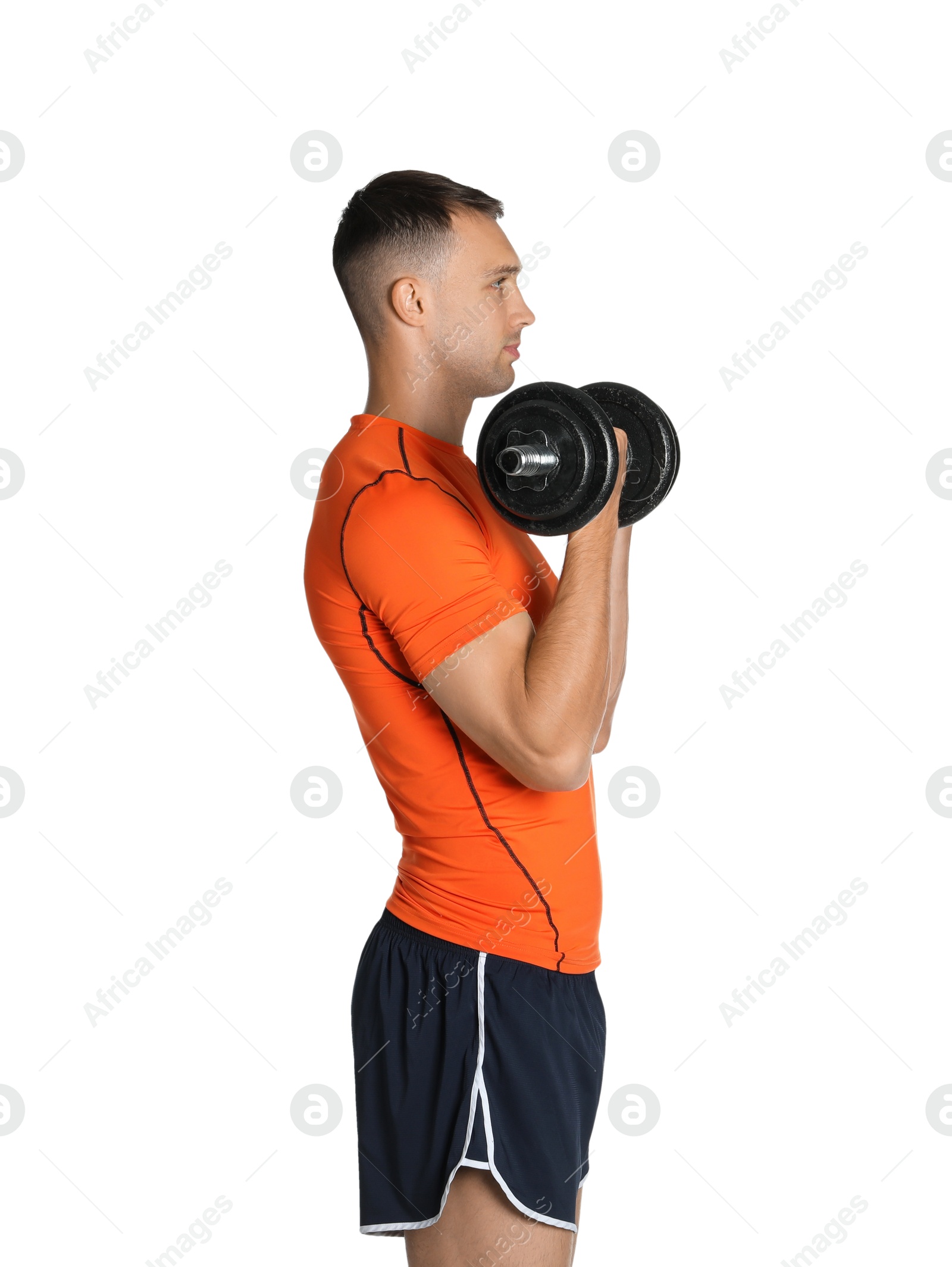 Photo of Man exercising with barbells on white background