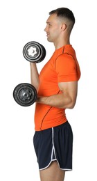 Photo of Man exercising with barbells on white background