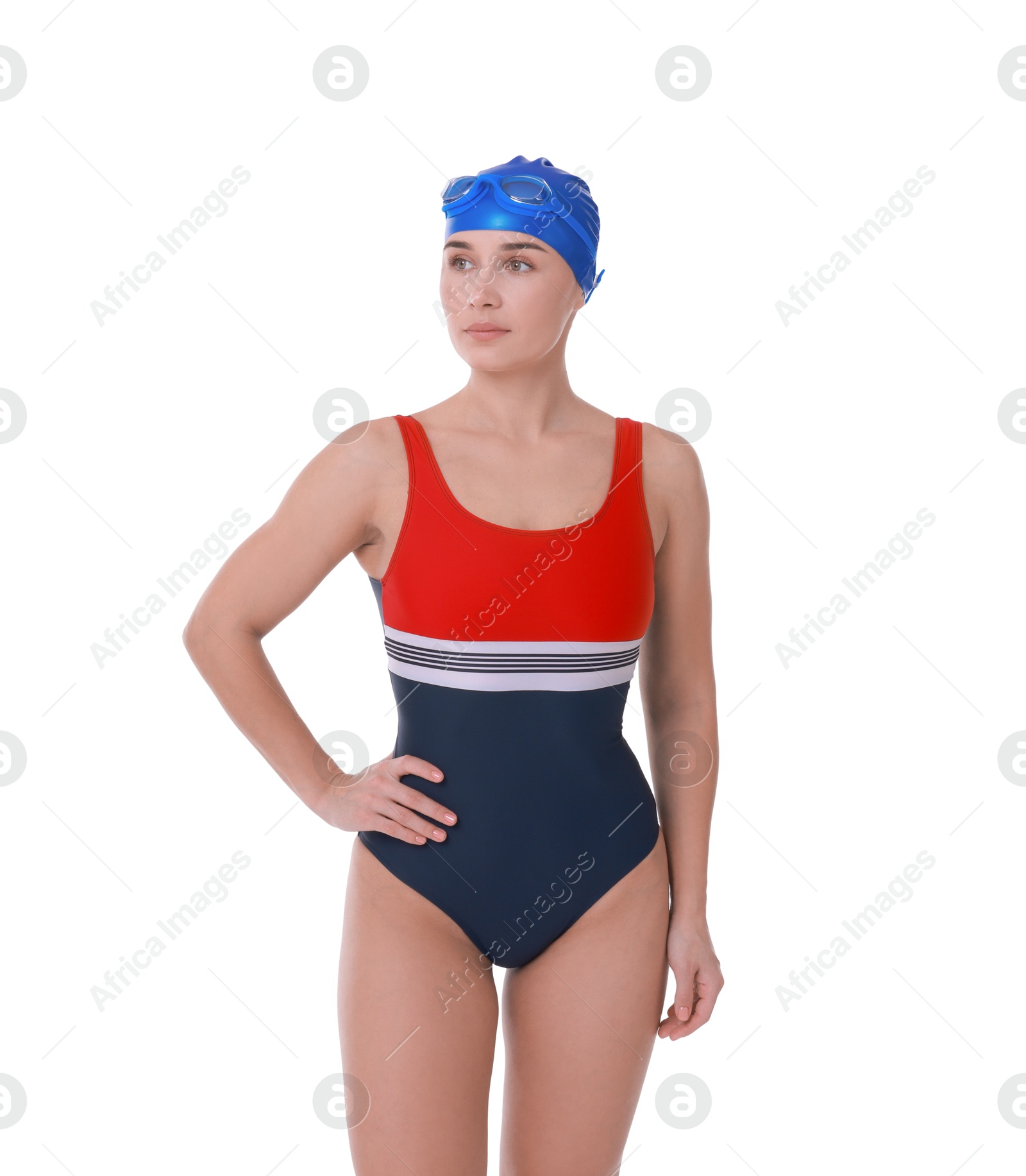 Photo of Professional sportswoman wearing swimsuit, swimming cap and goggles on white background