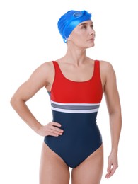 Professional sportswoman wearing swimsuit, swimming cap and goggles on white background