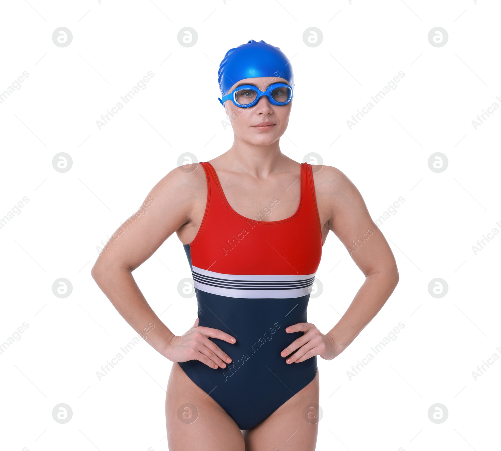 Photo of Professional sportswoman wearing swimsuit, swimming cap and goggles on white background