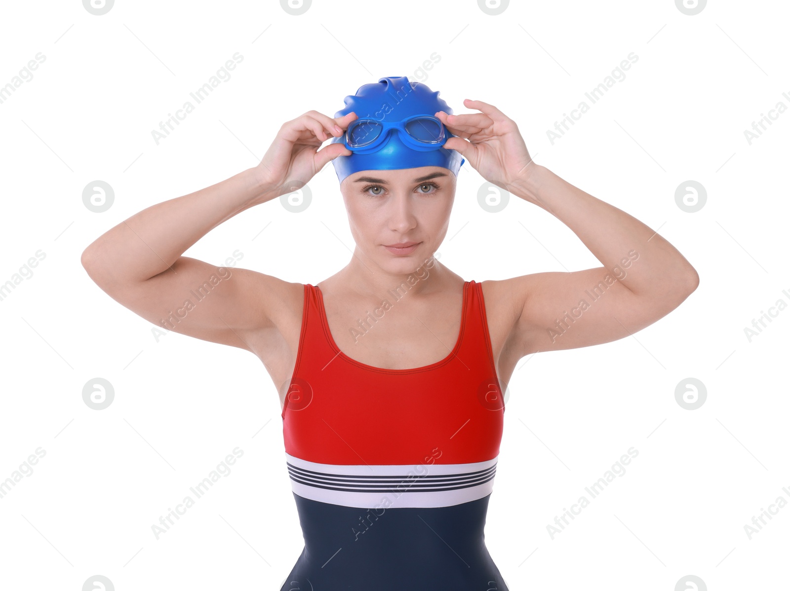 Photo of Professional sportswoman wearing swimsuit, swimming cap and goggles on white background