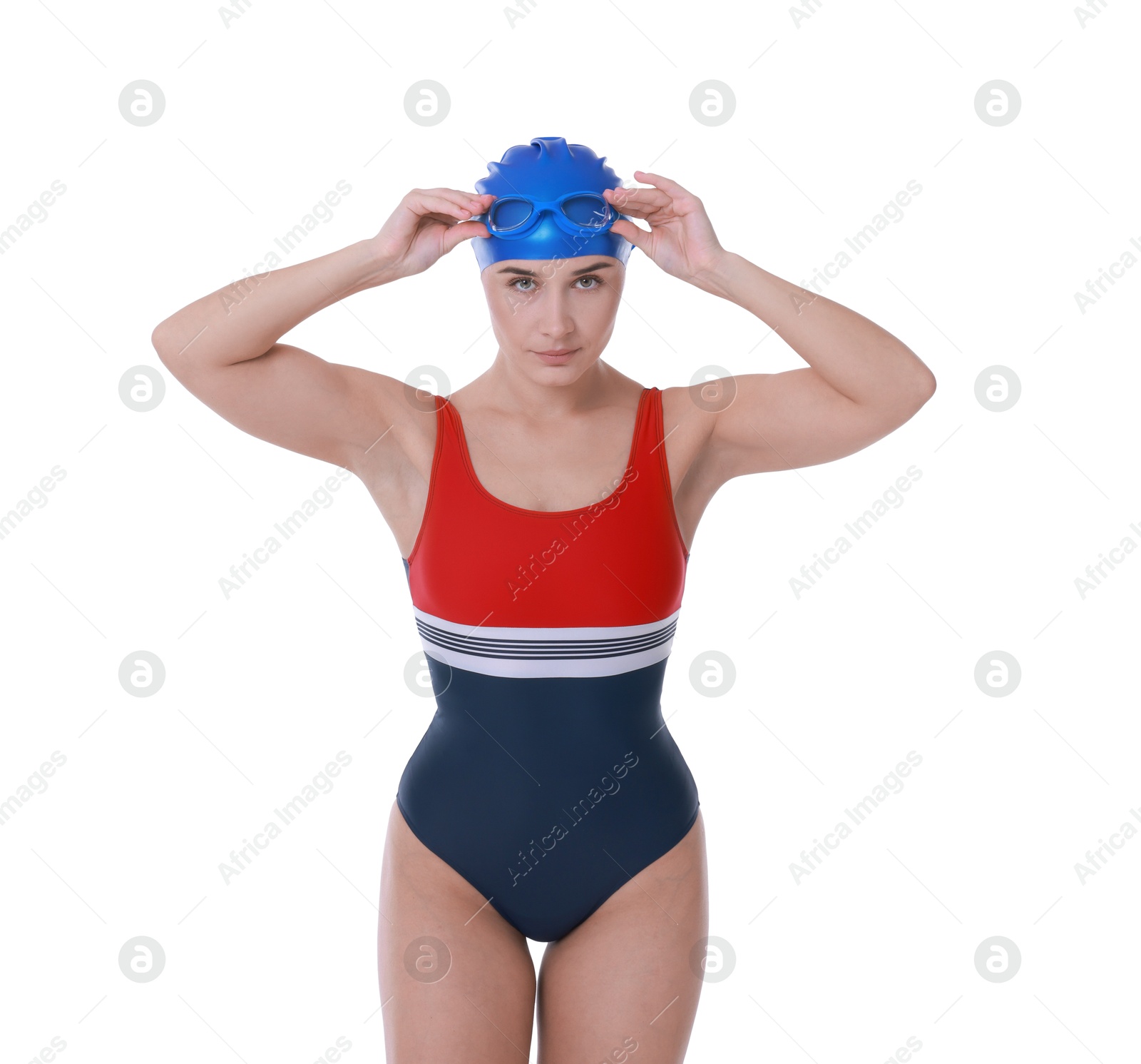 Photo of Professional sportswoman wearing swimsuit, swimming cap and goggles on white background