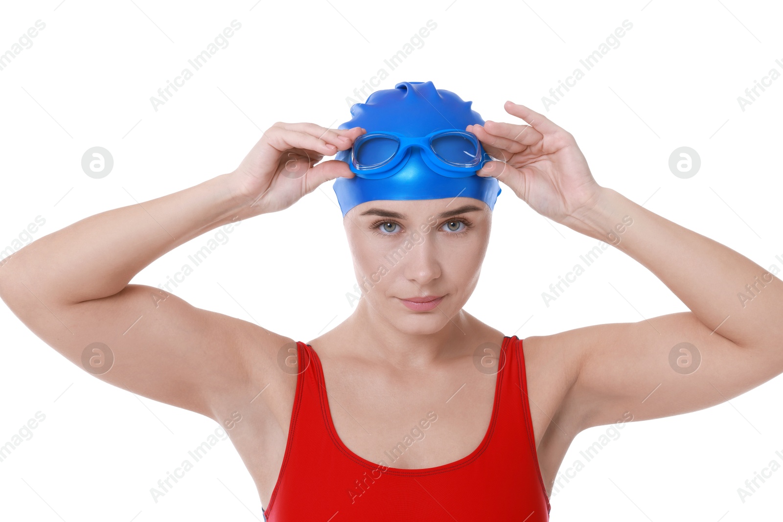 Photo of Professional sportswoman wearing swimsuit, swimming cap and goggles on white background