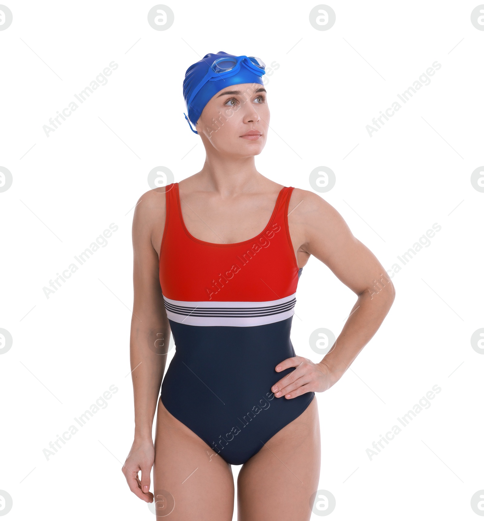 Photo of Professional sportswoman wearing swimsuit, swimming cap and goggles on white background