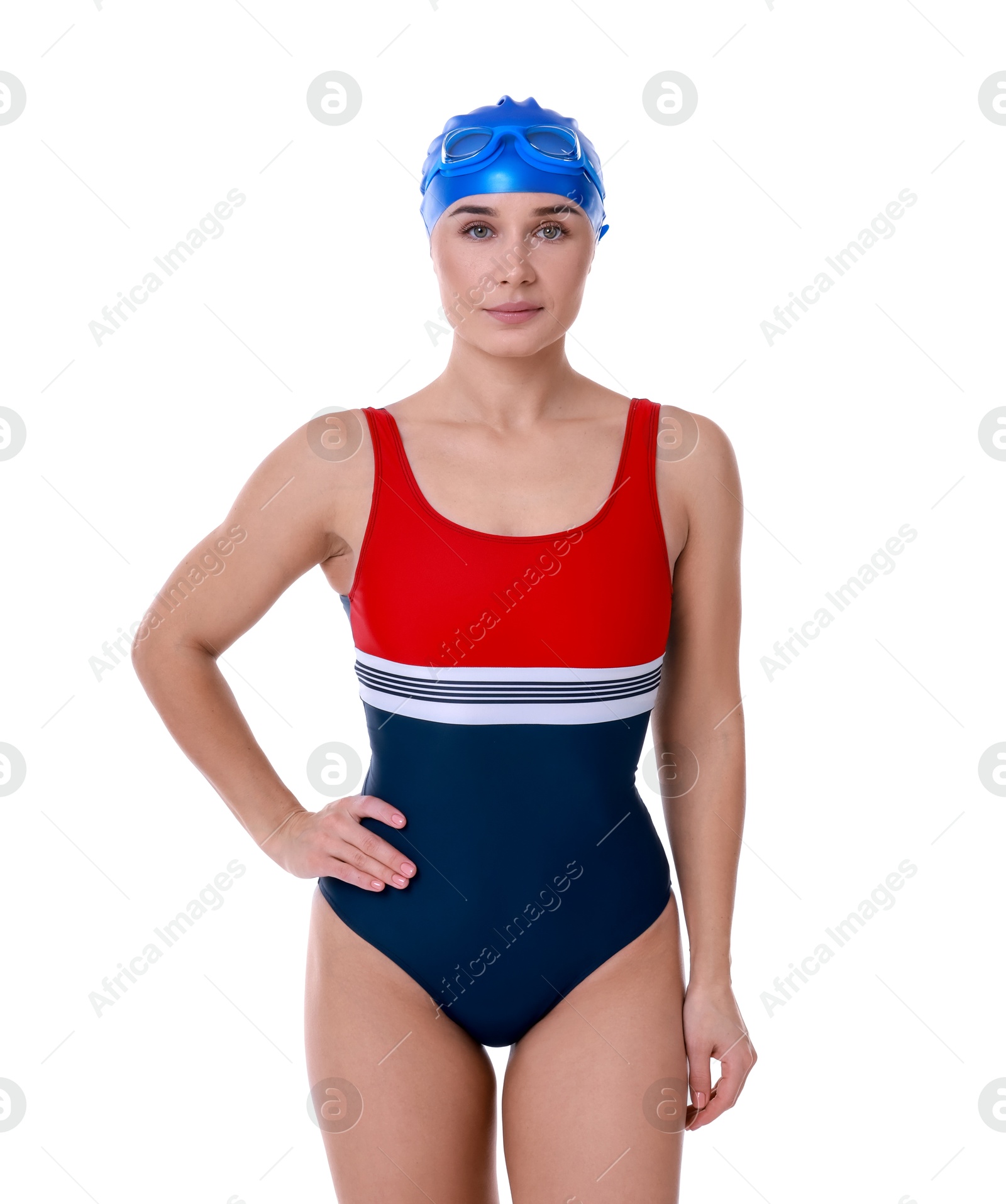 Photo of Professional sportswoman wearing swimsuit, swimming cap and goggles on white background