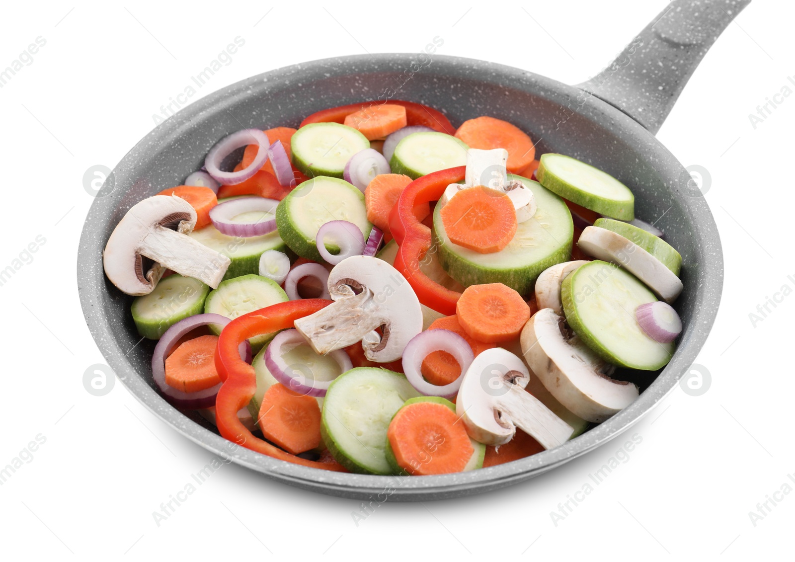 Photo of Frying pan with mix of fresh vegetables and mushrooms isolated on white