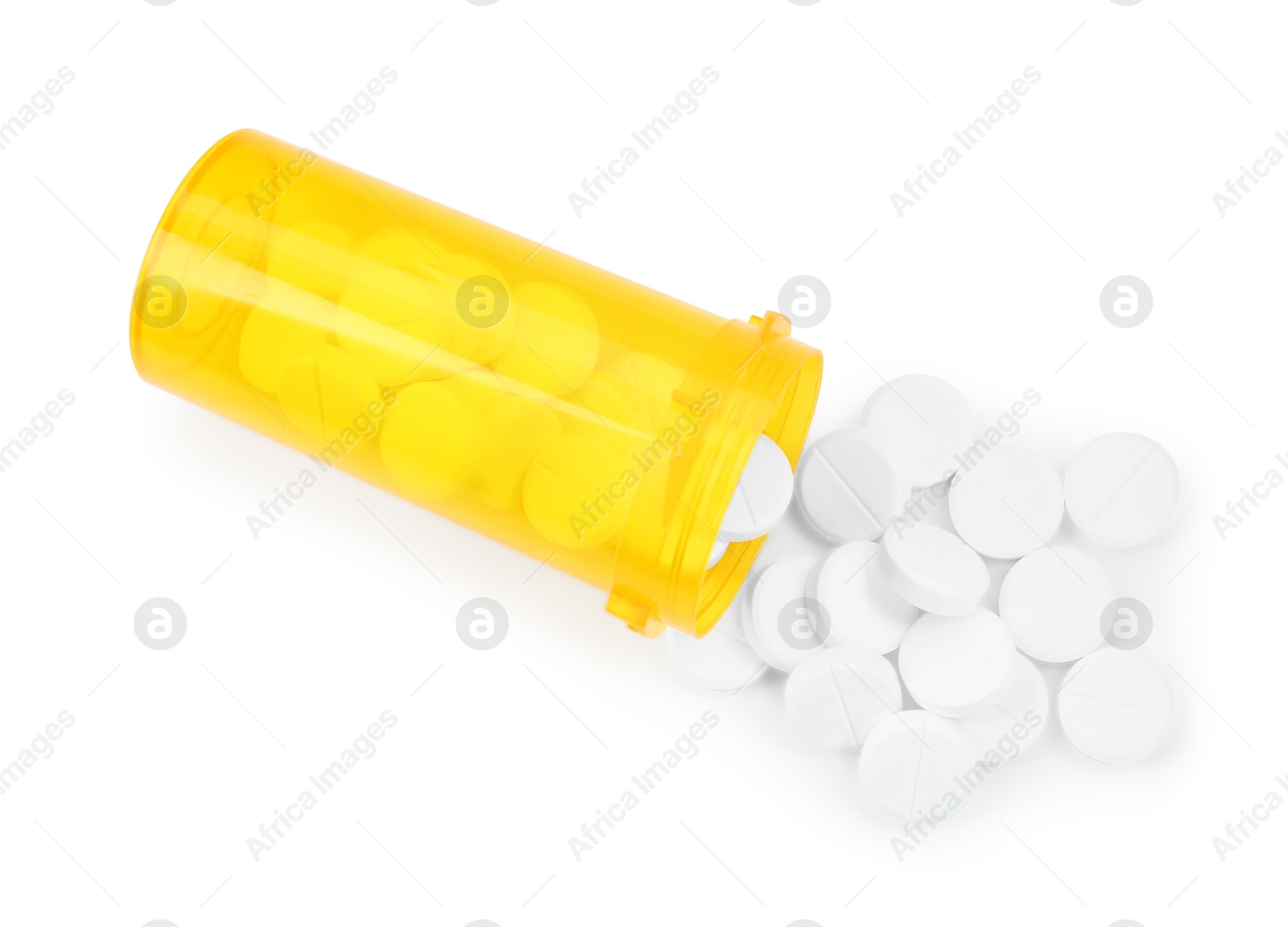 Photo of Medical bottle with antibiotic pills isolated on white, top view