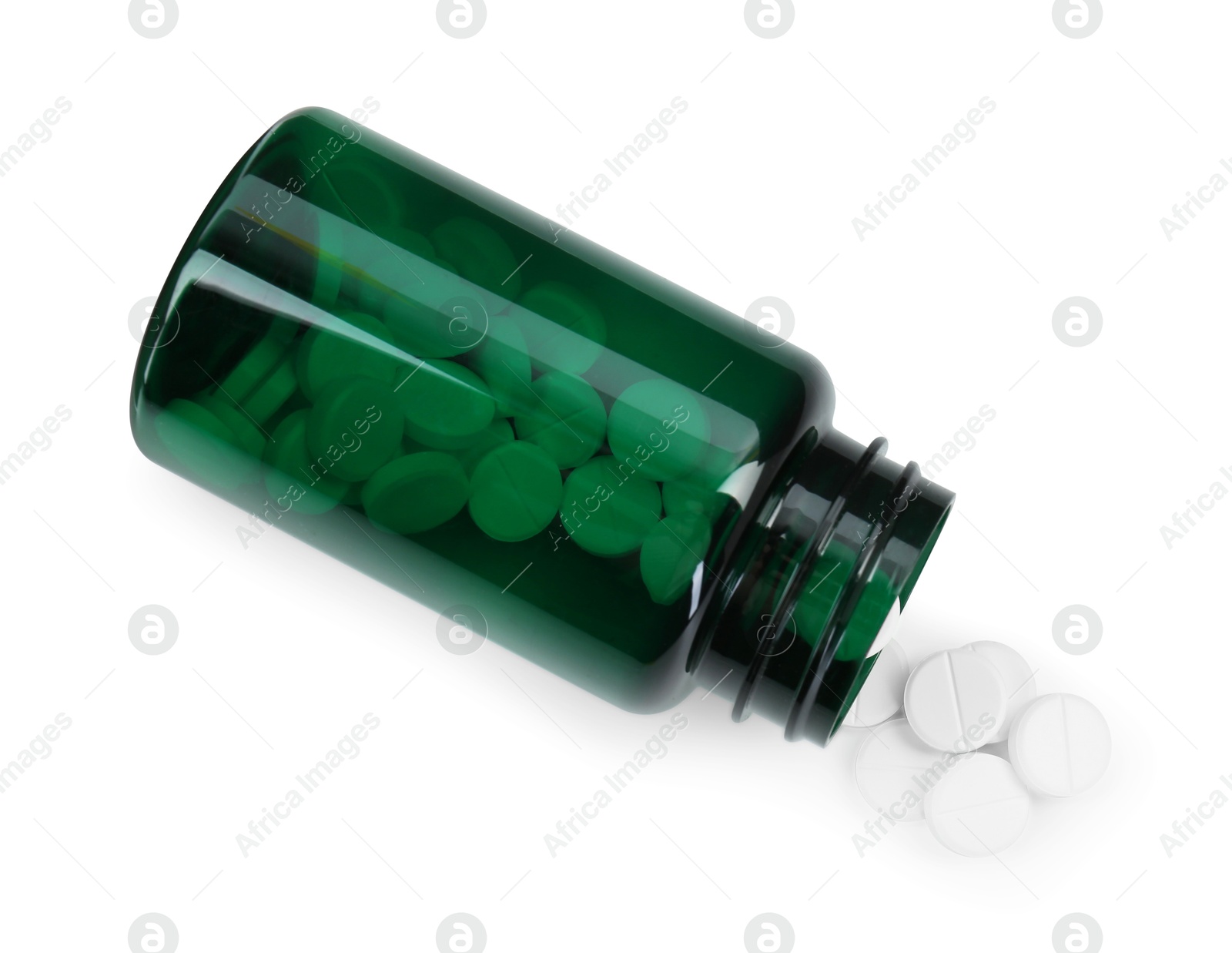 Photo of Medical bottle with antibiotic pills isolated on white, top view