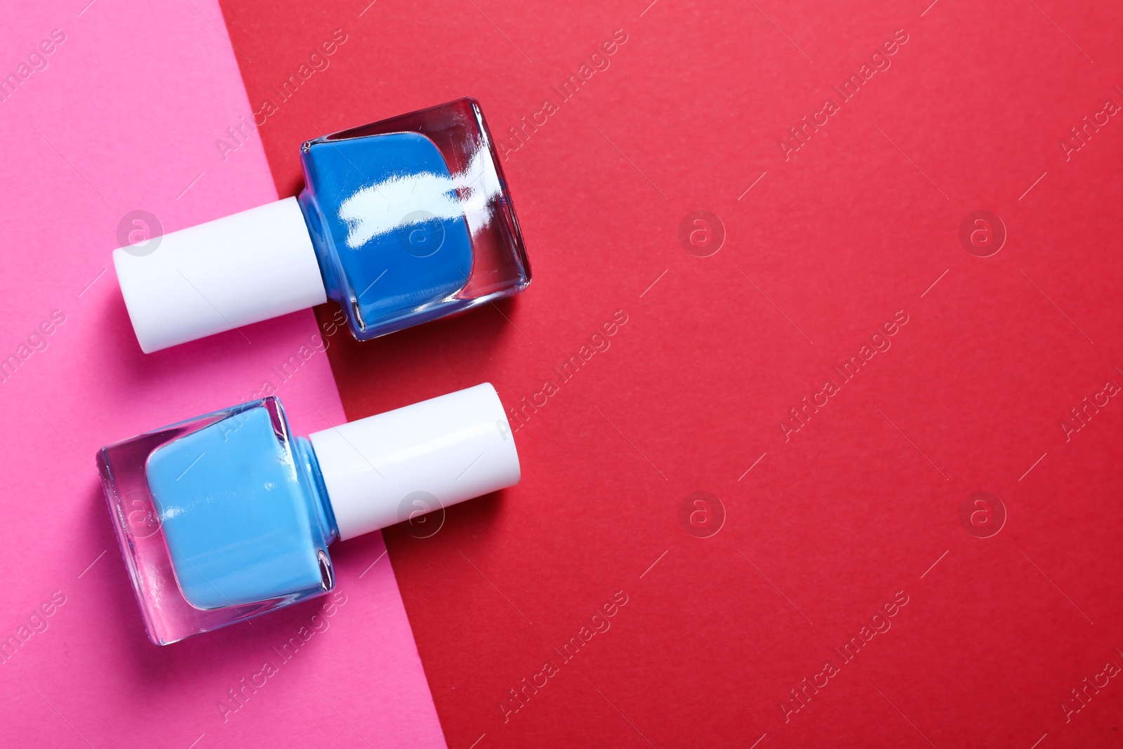 Photo of Nail polishes in bottles on color background, flat lay. Space for text