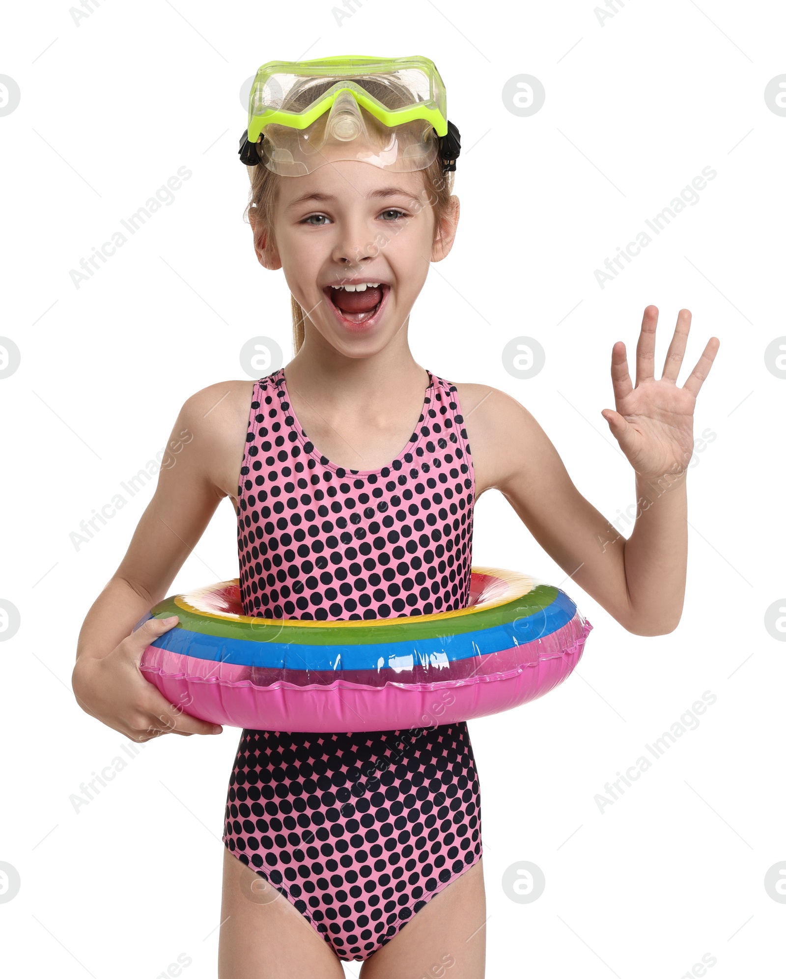 Photo of Happy girl in beachwear with diving mask and inflatable ring on white background