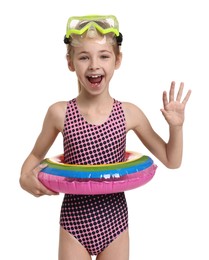 Photo of Happy girl in beachwear with diving mask and inflatable ring on white background