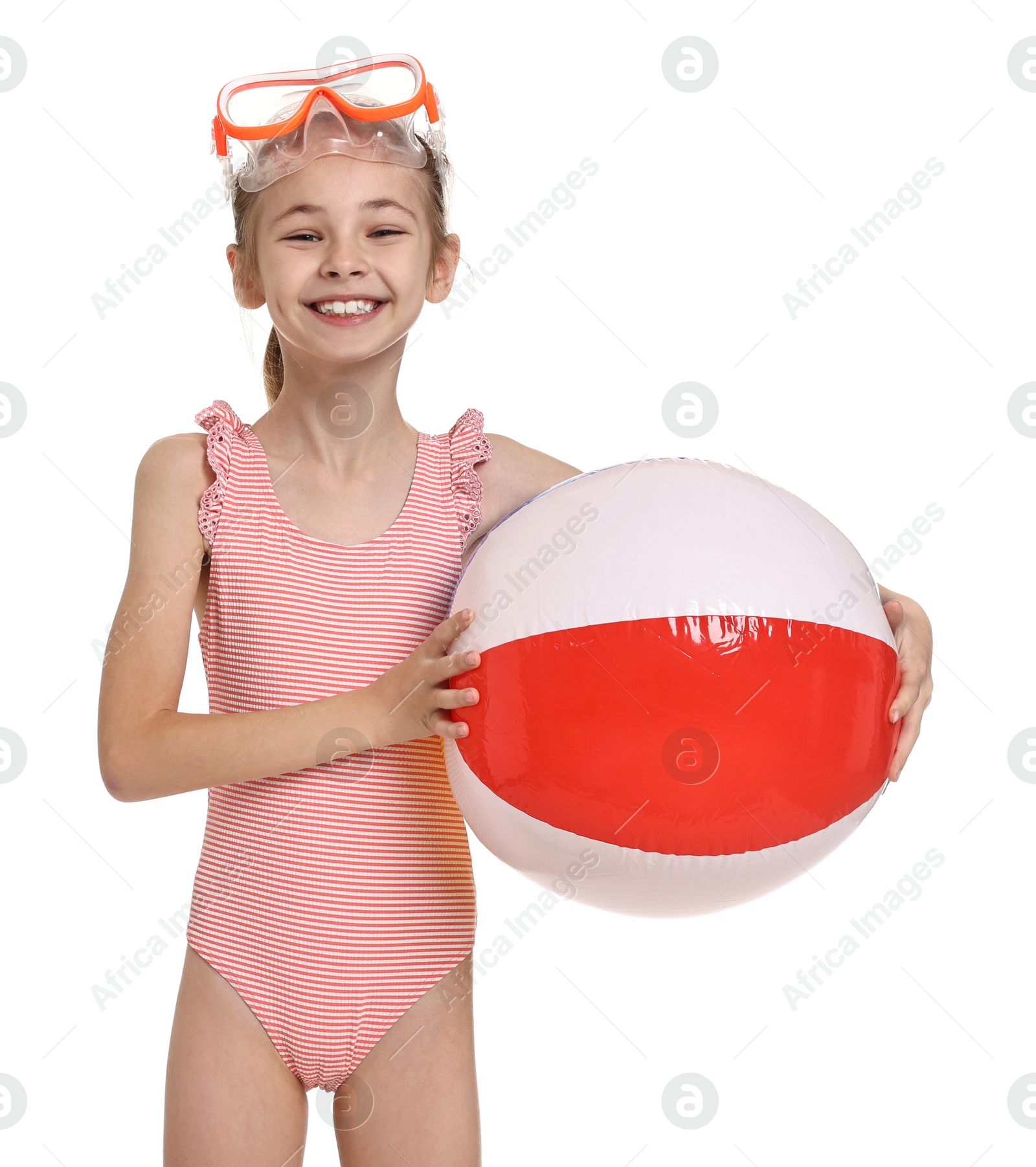 Photo of Happy girl in beachwear with diving mask, flippers and inflatable ball on white background