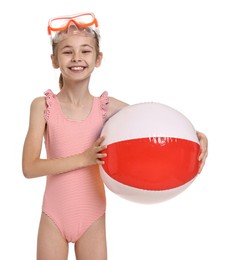 Photo of Happy girl in beachwear with diving mask, flippers and inflatable ball on white background