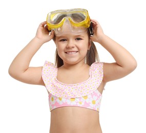 Photo of Cute little girl in swimsuit with mask on white background