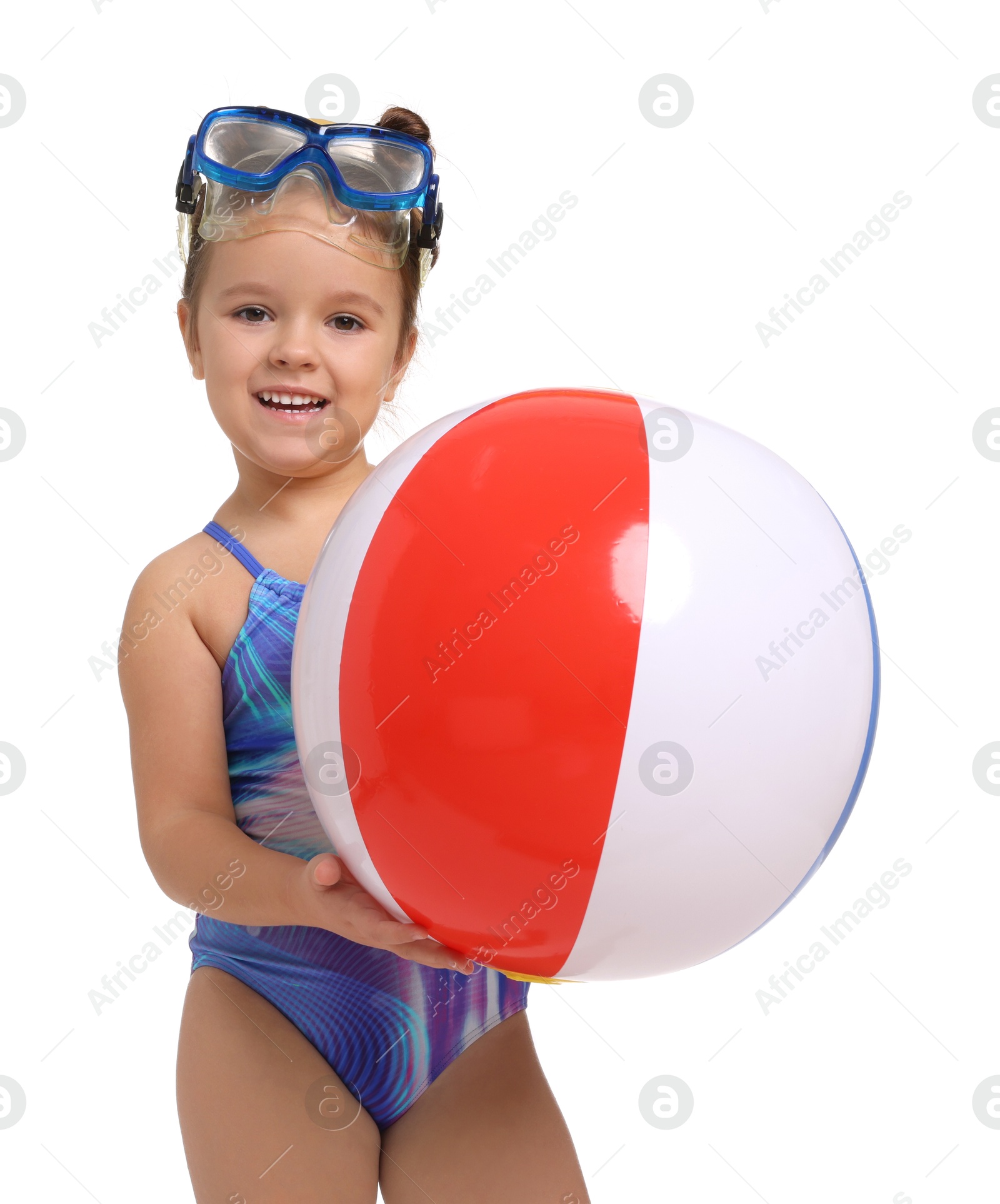 Photo of Cute little girl in swimsuit with inflatable ball on white background