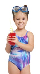 Cute little girl in swimsuit with drink on white background