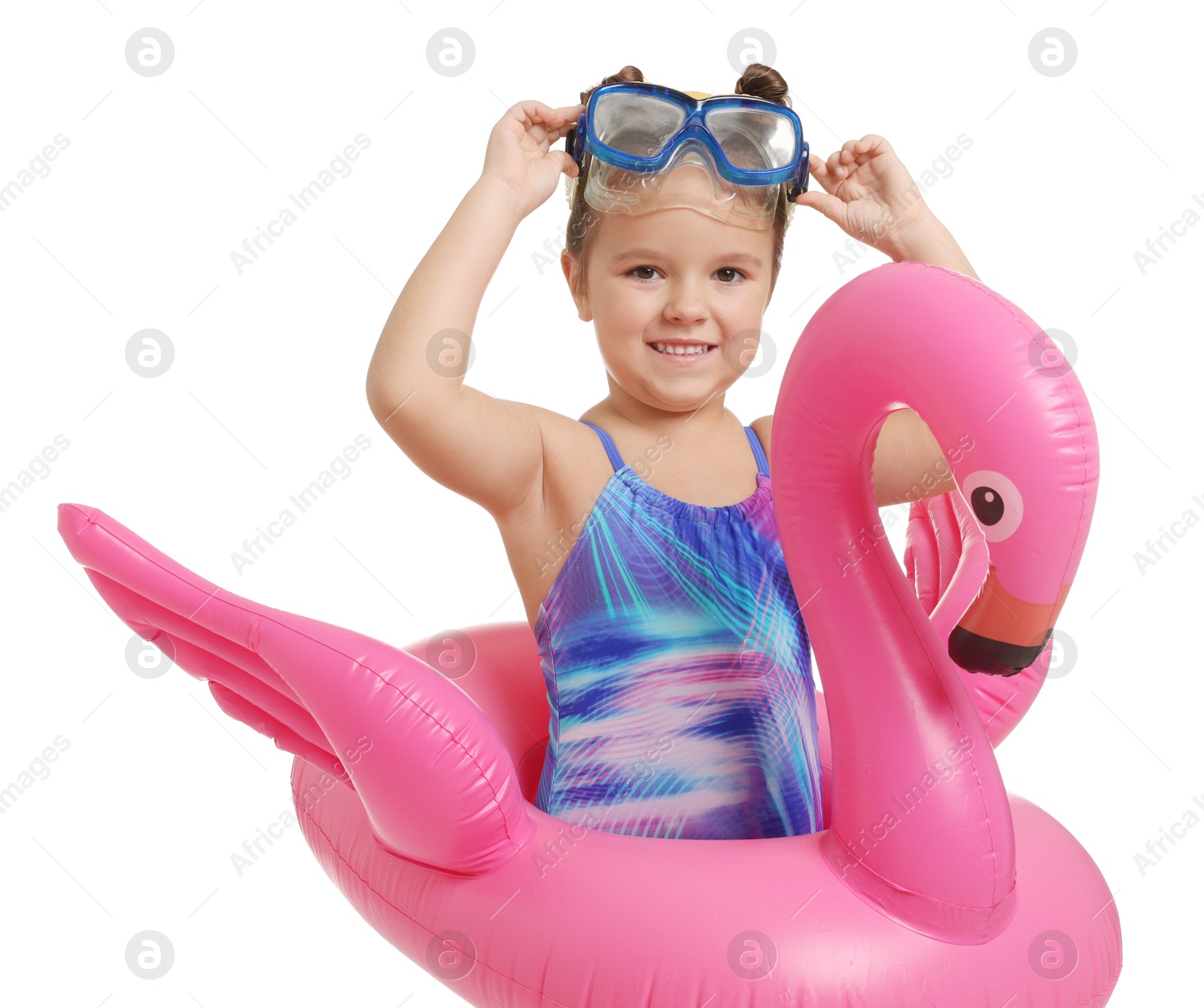 Photo of Cute little girl in swimsuit with inflatable ring on white background