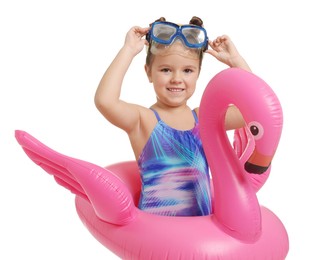 Photo of Cute little girl in swimsuit with inflatable ring on white background