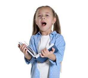 Photo of Learning alphabet. Little girl with book on white background