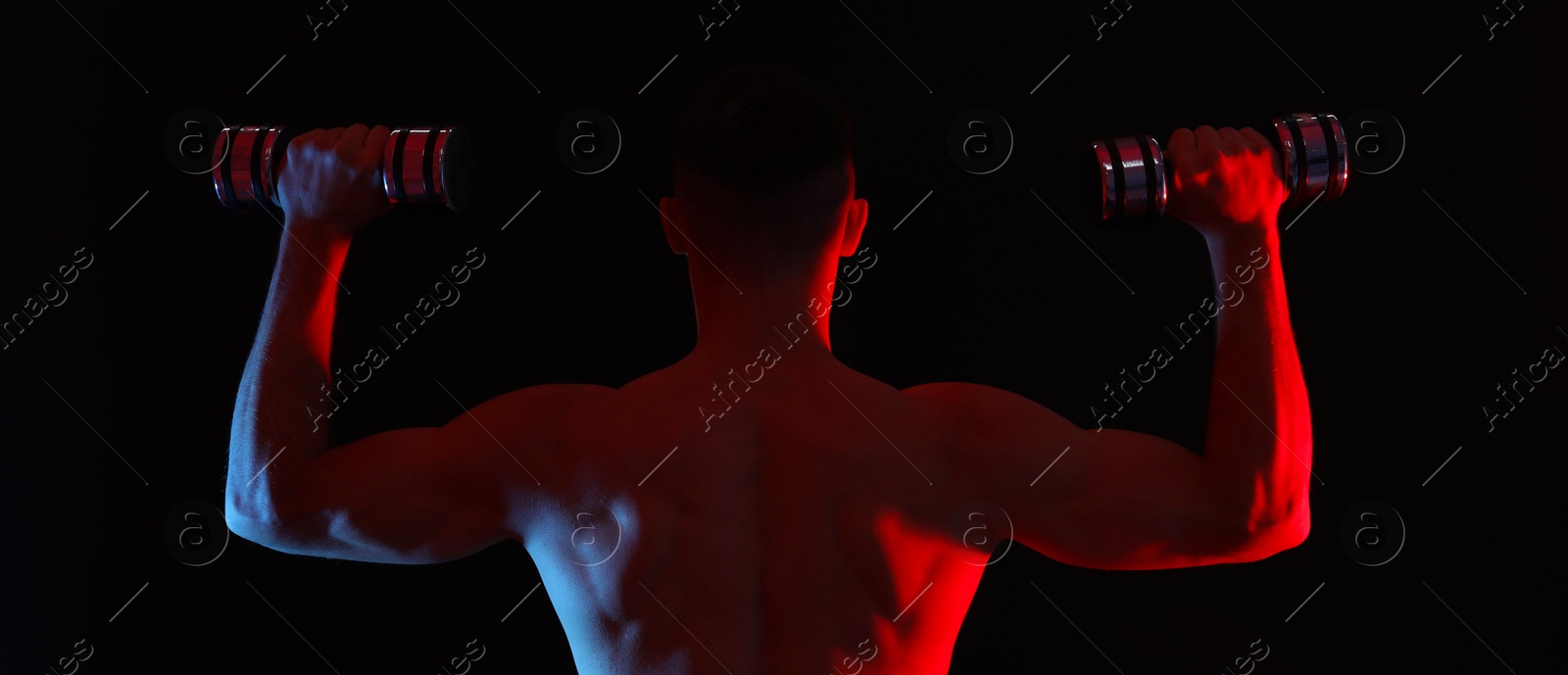 Photo of Man exercising with dumbbells in red light on black background, back view