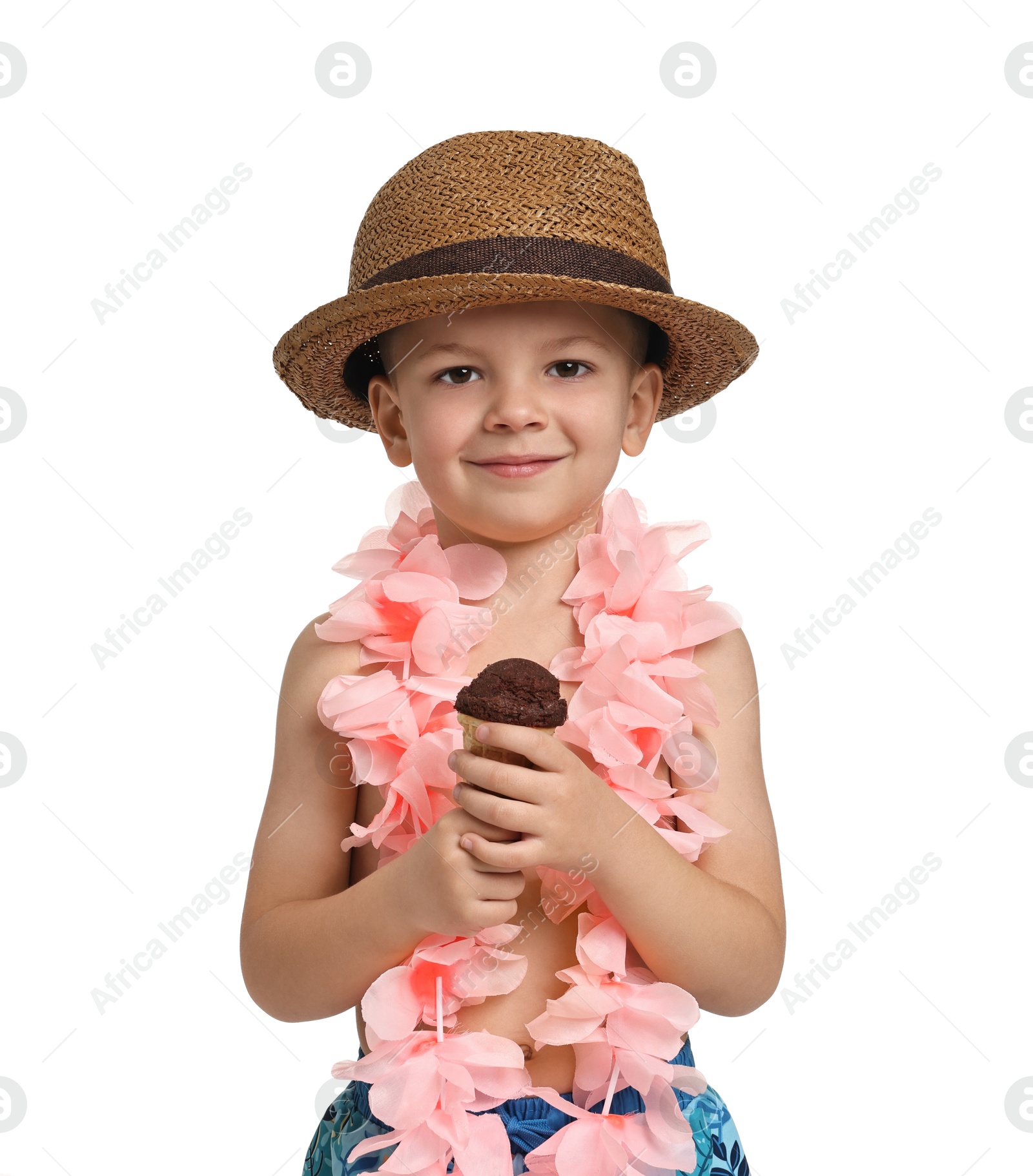 Photo of Cute little boy in beachwear with ice cream on white background