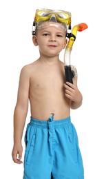 Photo of Cute little boy in beachwear with snorkeling equipment on white background