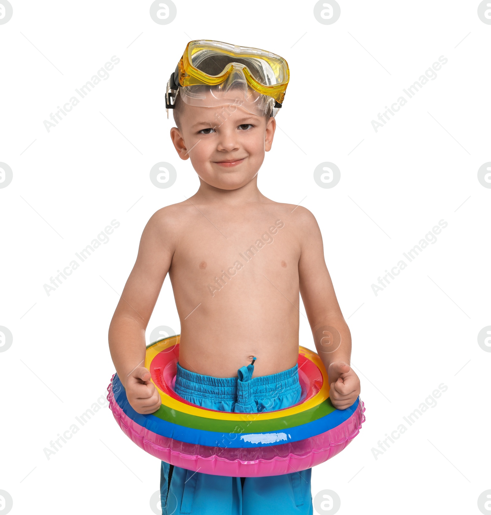 Photo of Cute little boy in beachwear with inflatable ring and diving mask on white background