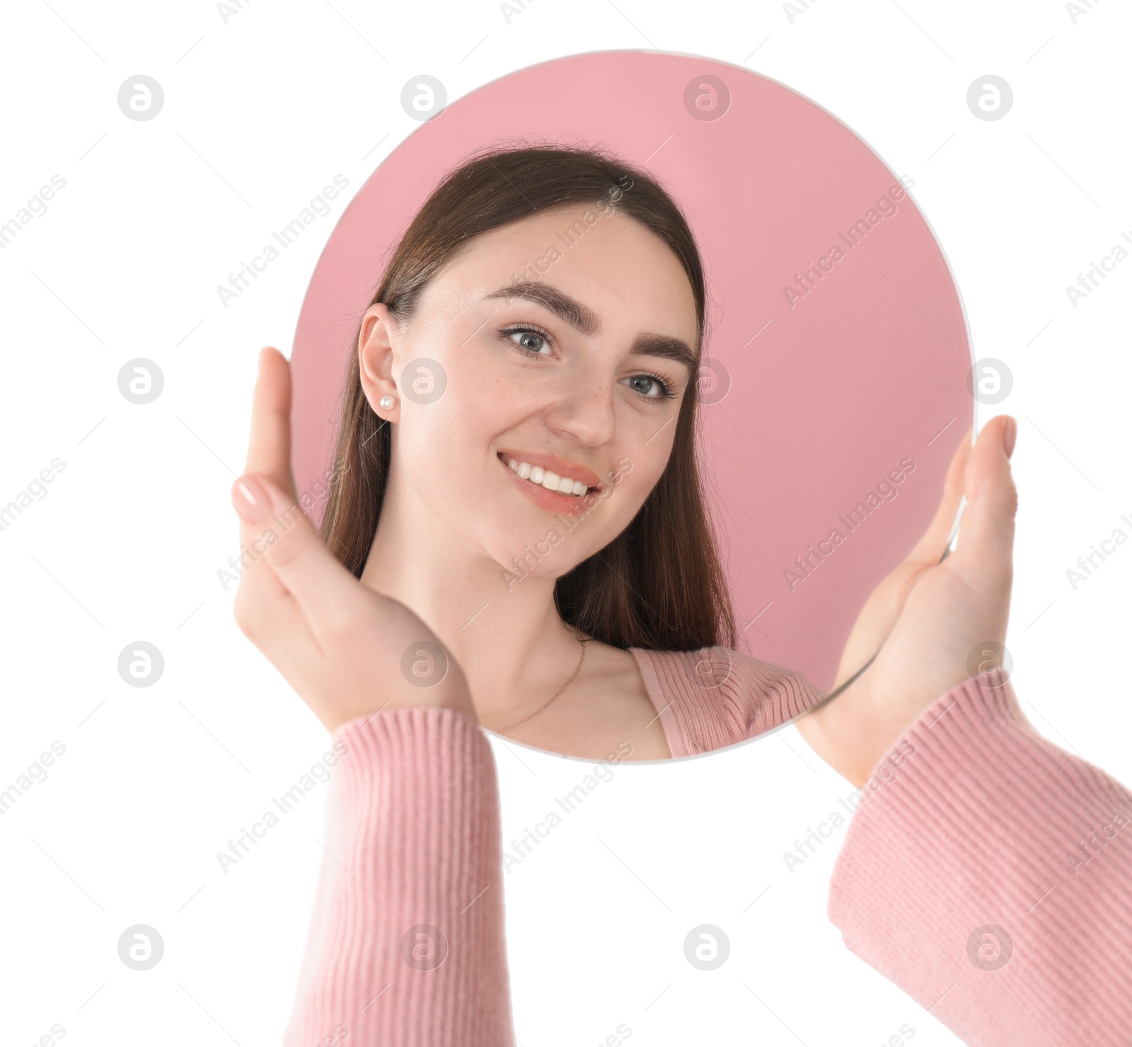 Photo of Woman holding round mirror on white background, closeup