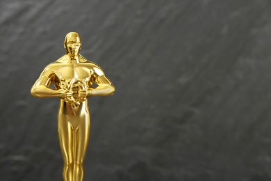 Photo of Golden trophy in shape of human figure against blurred gray background, space for text