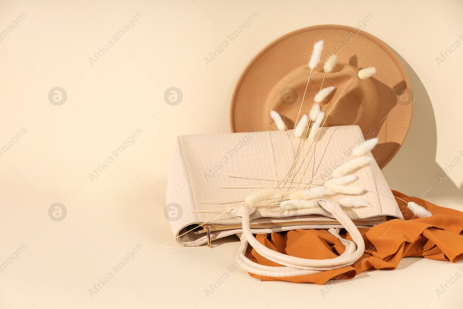 Photo of Clothes, hat and bag on beige background, space for text